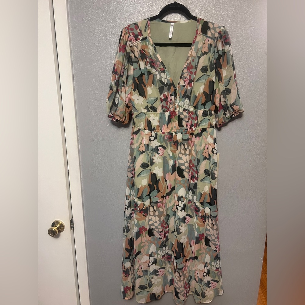 Floral Multicolor Midi Dress with Puff Sleeves - Picture 3 of 8